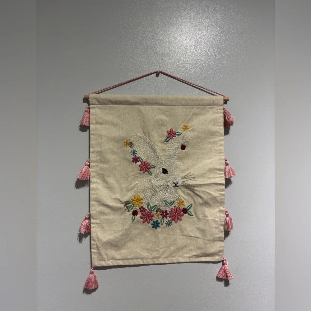 Floral Bunny Wall Hanging with Pink Tassels Easter